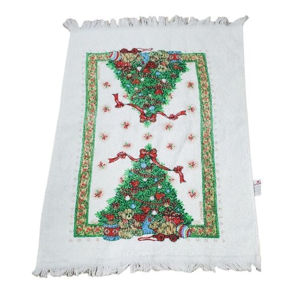Cannon Kitchen Dish Tea Towl Christmas Tree Cream Fringe Holiday Winter Vintage - Picture 2 of 9